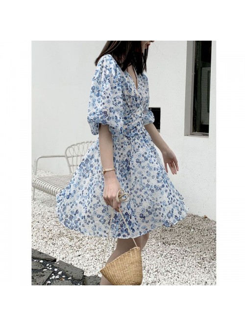 French Blue Floral Chiffon dress female Xia Xiaozi...