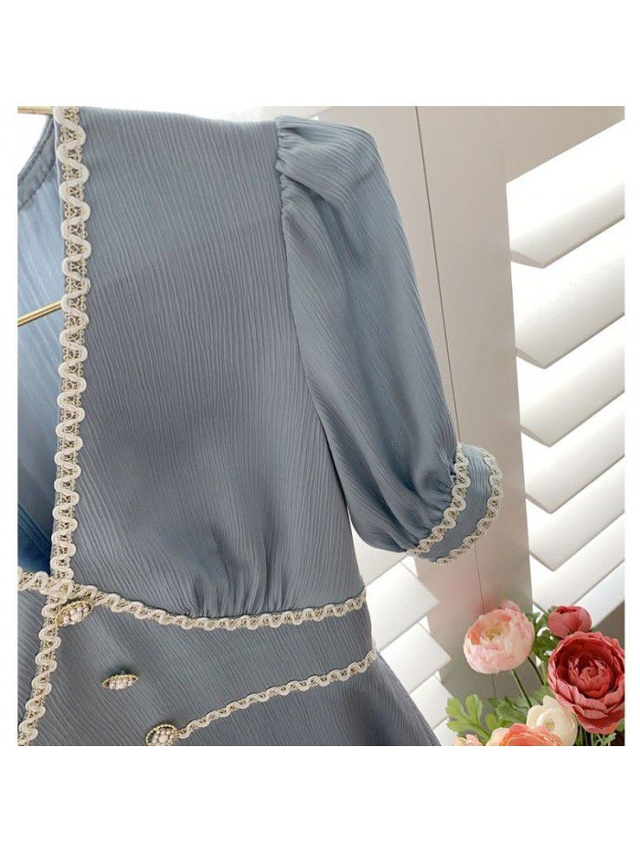 Design sense 21 small fragrance splicing ribbon tea break French dress women's summer short sleeve V-neck waist temperament long skirt  Design sense 21 small fragrance splicing ribbon tea break French dress women's summer short sleeve V-neck waist temperament long skirt