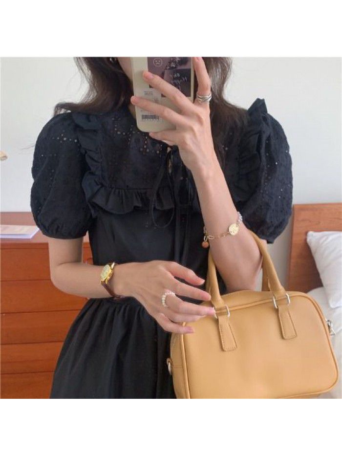 Soft wind cut-out lace dress women's French temperament bubble sleeve waist length black skirt summer 