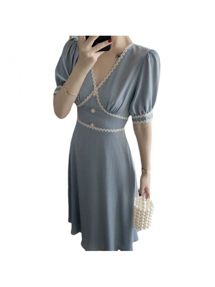 Design sense 21 small fragrance splicing ribbon tea break French dress women's summer short sleeve V-neck waist temperament long skirt  Design sense 21 small fragrance splicing ribbon tea break French dress women's summer short sleeve V-neck waist temperament long skirt