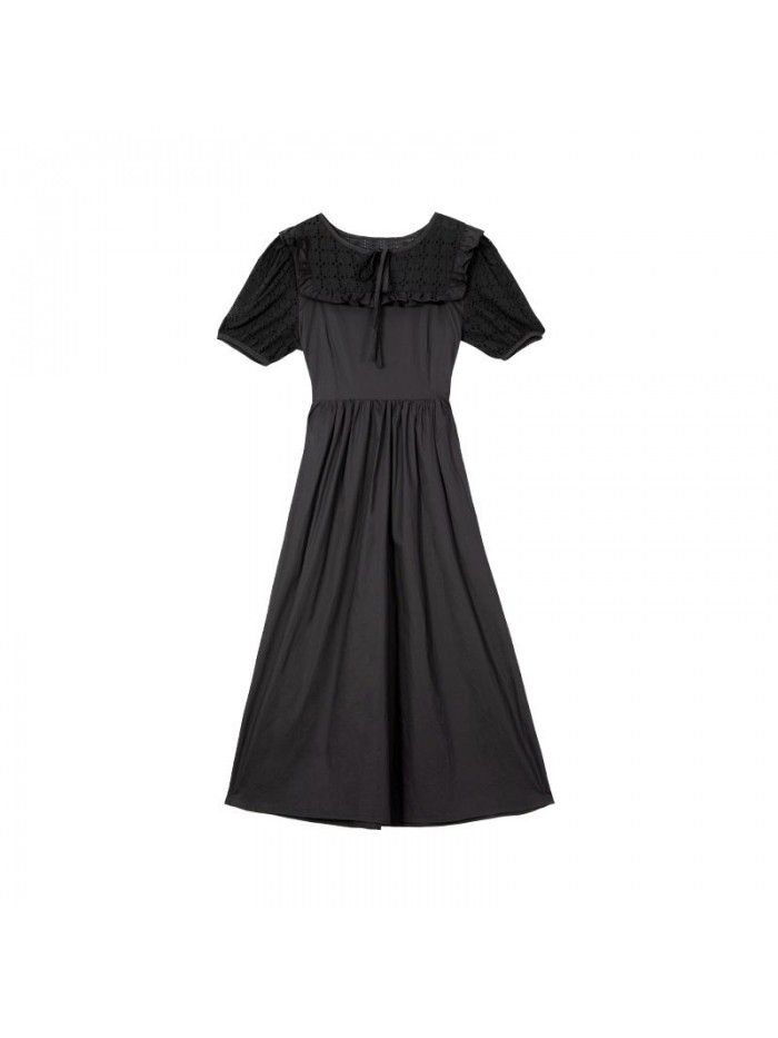 Soft wind cut-out lace dress women's French temperament bubble sleeve waist length black skirt summer 