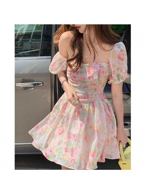 Platycodon French Chiffon floral dress women'...