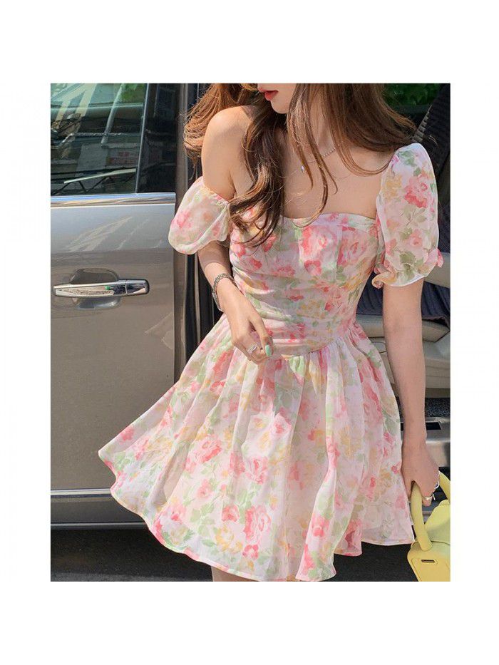 Platycodon French Chiffon floral dress women's summer  new sweet first love bubble sleeve 