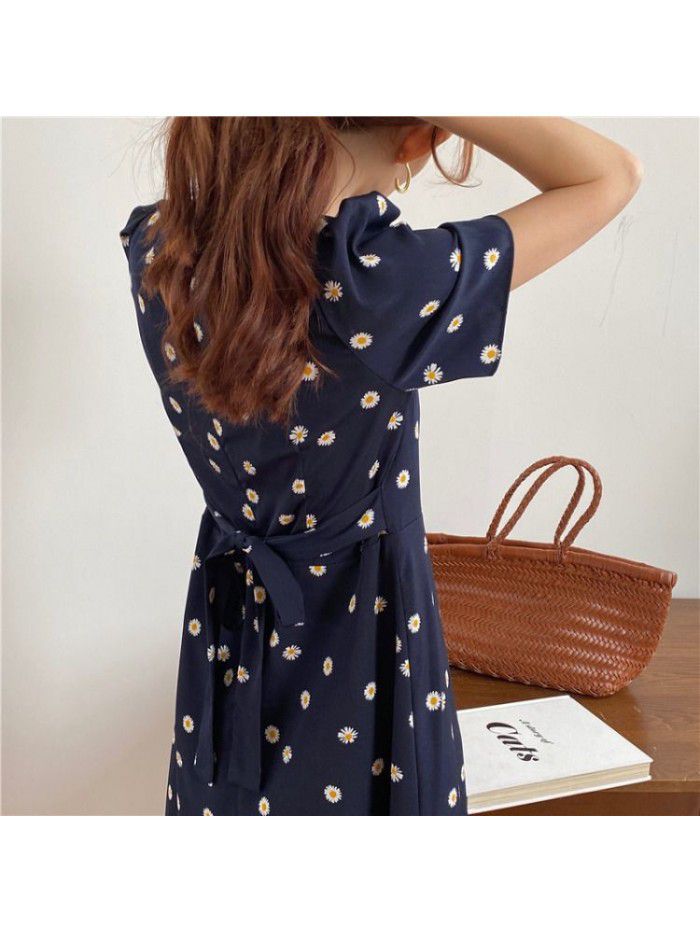 Polka dot dress women's summer mid long French retro Daisy V-neck short sleeve high waist slim bottom skirt 