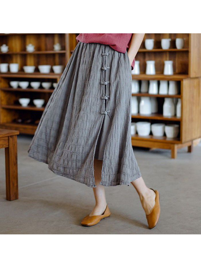 Retro women's skirt spring and summer  new Chinese style elastic waist plate deduction A-line skirt 