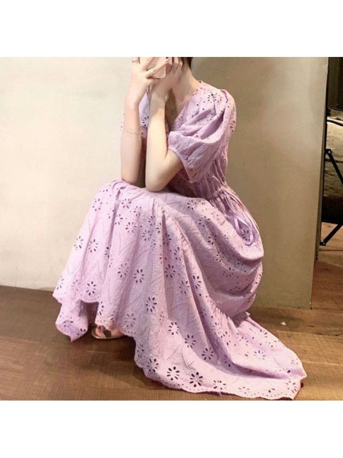 Daxi homemade retro V-neck short sleeve mid length embroidered dress for women  [sun skirt] 