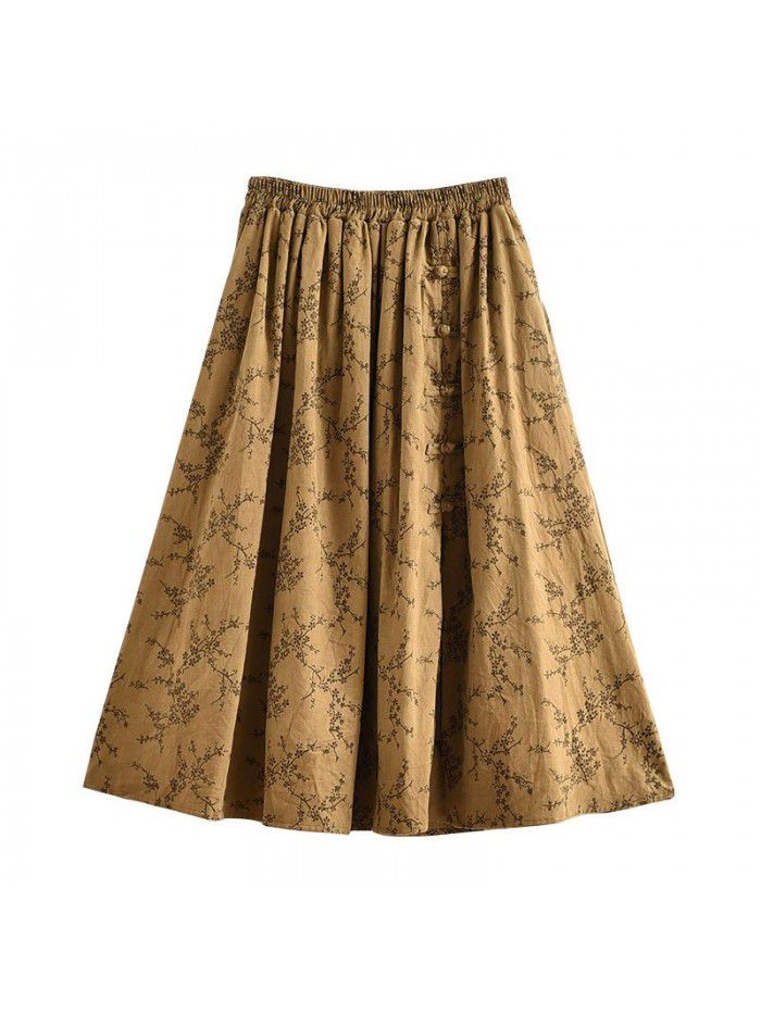 Literature and art women's high waist A-line floral skirt  autumn new half split retro style skirt wholesale 