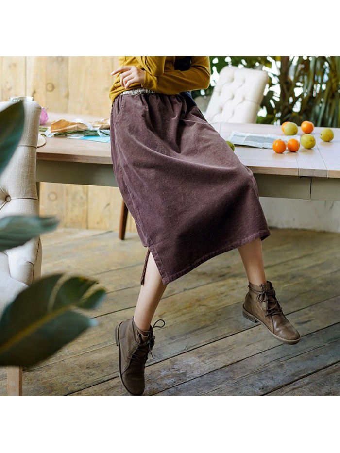 Literature and art women's Corduroy Skirt  new autumn and winter elastic high waist solid color A-line knee length skirt wholesale 