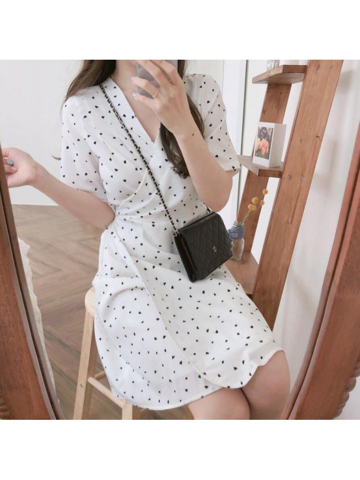 One piece chiffon dress with love dot printing for Korean girls in summer 