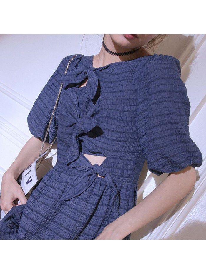 Blue blue, Zurich lake blue  spring and summer new Korean design feeling bow hollow out dress  Blue blue, Zurich lake blue  spring and summer new Korean design feeling bow hollow out dress