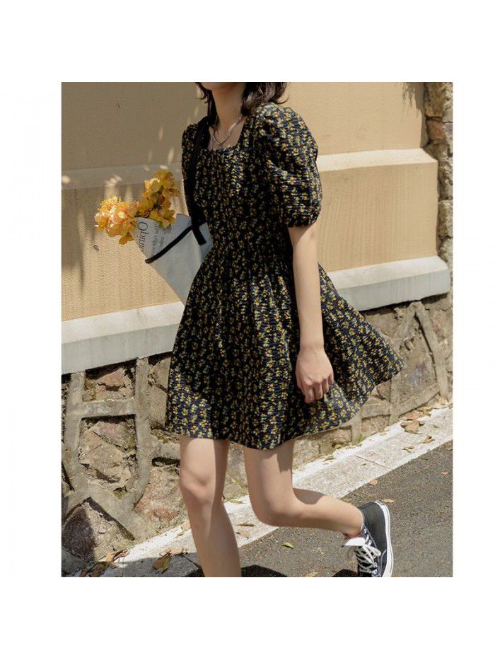 Retro oil painting French floral dress women's  new summer long waist small yellow flower skirt can be replaced 