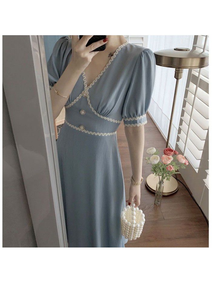 Design sense 21 small fragrance splicing ribbon tea break French dress women's summer short sleeve V-neck waist temperament long skirt  Design sense 21 small fragrance splicing ribbon tea break French dress women's summer short sleeve V-neck waist temperament long skirt