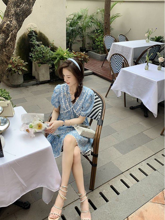 Fish rabbit floral dress summer blue soft sweet floral skirt small temperament waist skirt  Fish rabbit floral dress summer blue soft sweet floral skirt small temperament waist skirt