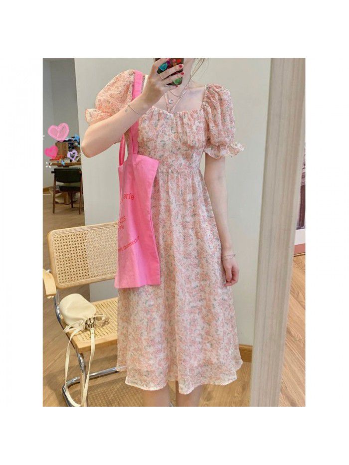 Rose tea pink floral skirt women's summer  new French dress with gentle style 