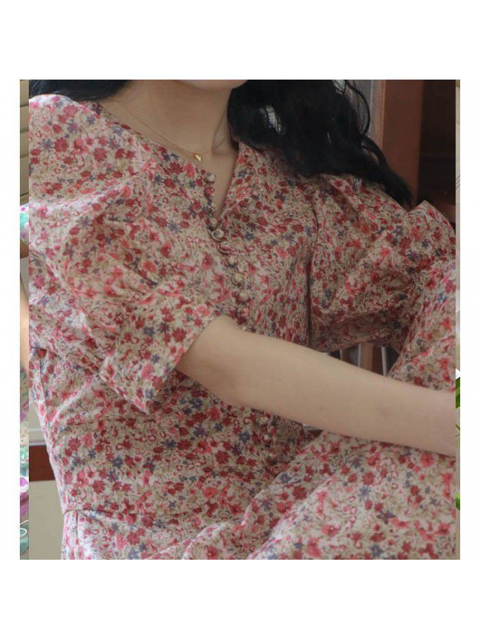 Floral heavy industry women's  summer new short sleeve French large loose women's skirt summer A-line dress  Floral heavy industry women's  summer new short sleeve French large loose women's skirt summer A-line dress