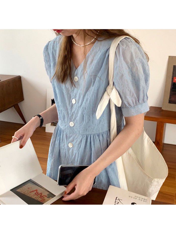 summer new product net red homemade blue V-neck Girl Doll skirt bubble sleeve A-line temperament dress looks thin   summer new product net red homemade blue V-neck Girl Doll skirt bubble sleeve A-line temperament dress looks thin