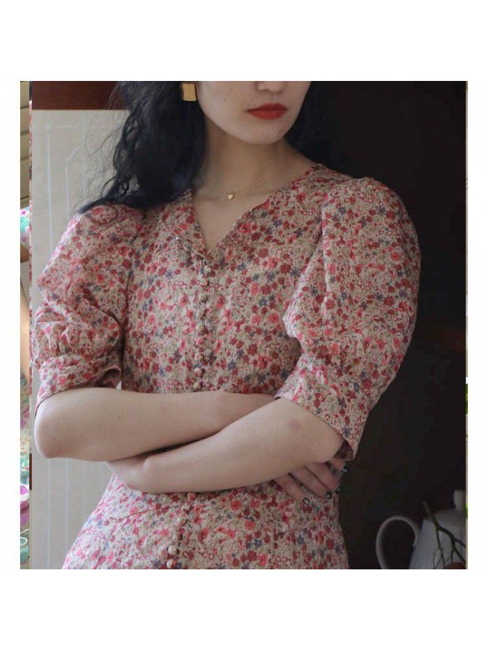 Floral heavy industry women's  summer new short sleeve French large loose women's skirt summer A-line dress  Floral heavy industry women's  summer new short sleeve French large loose women's skirt summer A-line dress