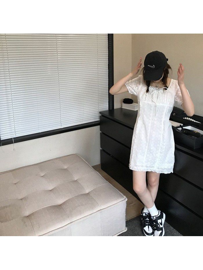 cut out flower dress Korean design sense square neck tie high waist A-line skirt for women   cut out flower dress Korean design sense square neck tie high waist A-line skirt for women
