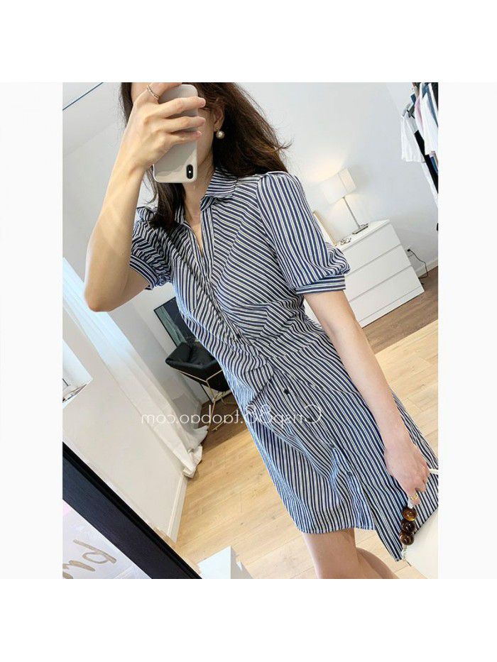 Design Antique side button pleated waist three dimensional bubble sleeve blue and white stripe shirt dress  Design Antique side button pleated waist three dimensional bubble sleeve blue and white stripe shirt dress