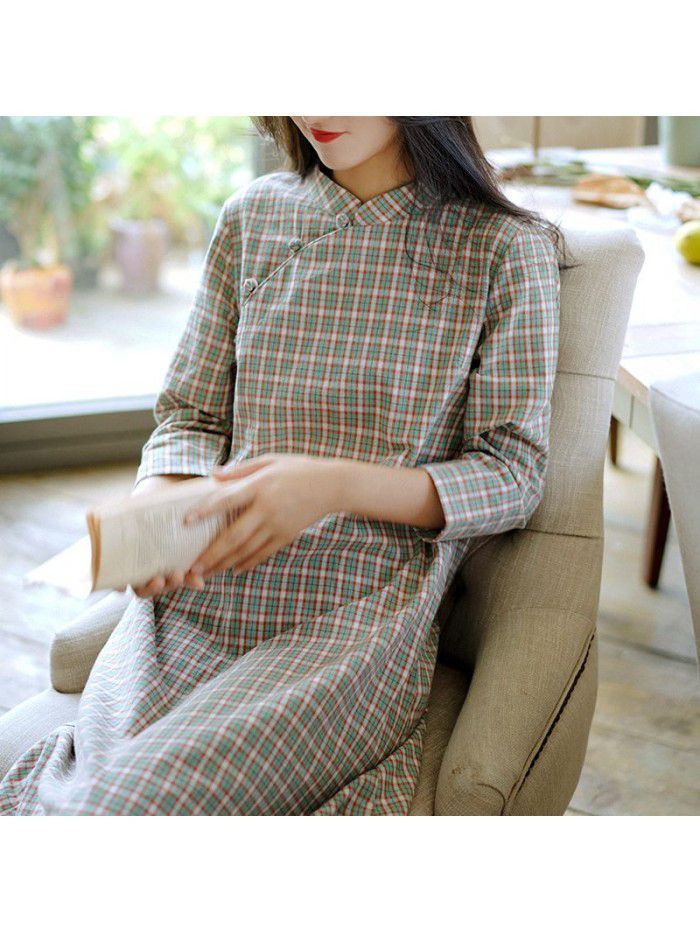 Lu and andI art RETRO women's Plaid Dress  autumn new Chinese style improved cheongsam wholesale 