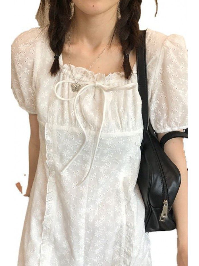 cut out flower dress Korean design sense square neck tie high waist A-line skirt for women   cut out flower dress Korean design sense square neck tie high waist A-line skirt for women