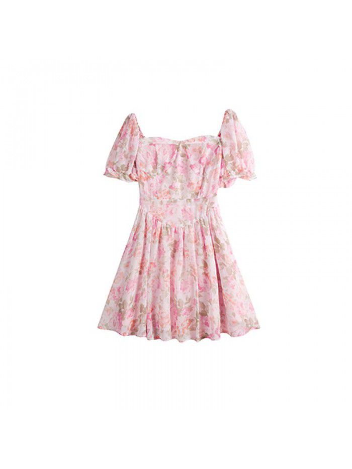 Platycodon French Chiffon floral dress women's summer  new sweet first love bubble sleeve 