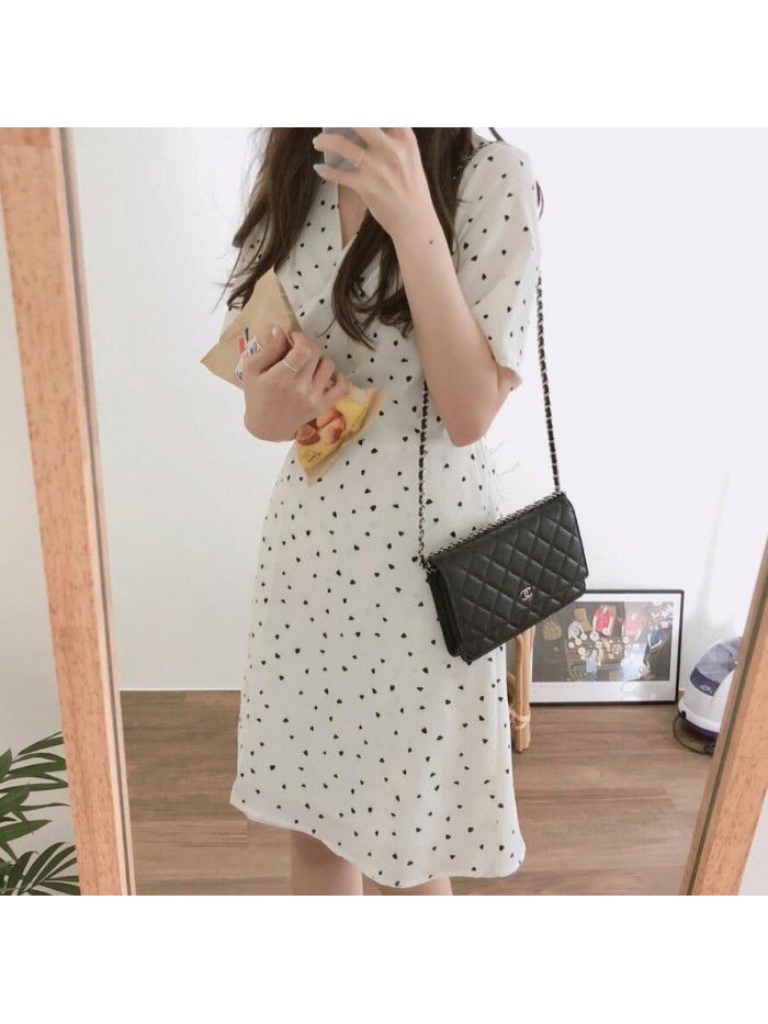 One piece chiffon dress with love dot printing for Korean girls in summer 