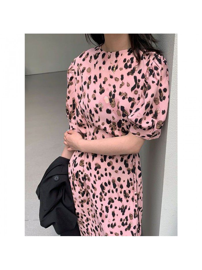 Pink Leopard Pattern bubble sleeve dress summer new round neck lace up waist show thin temperament split dress 