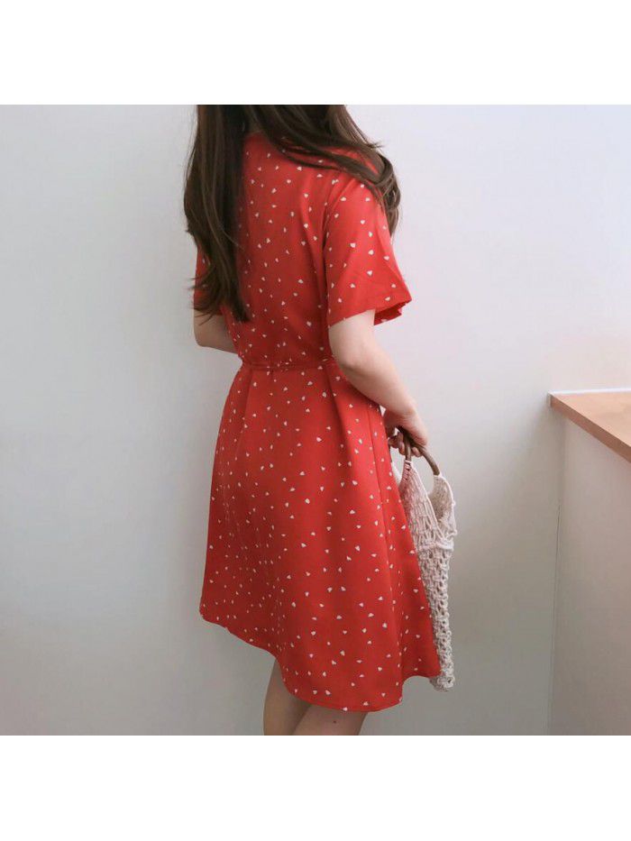 One piece chiffon dress with love dot printing for Korean girls in summer 