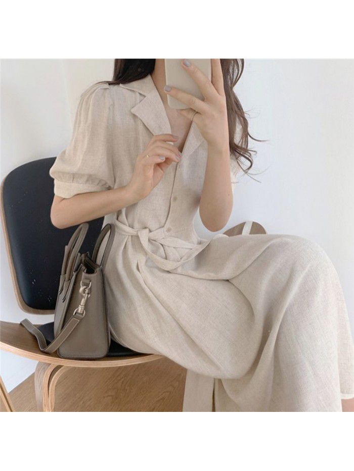  New Retro harbor style design with side buckle waist showing thin temperament linen professional dress for women 