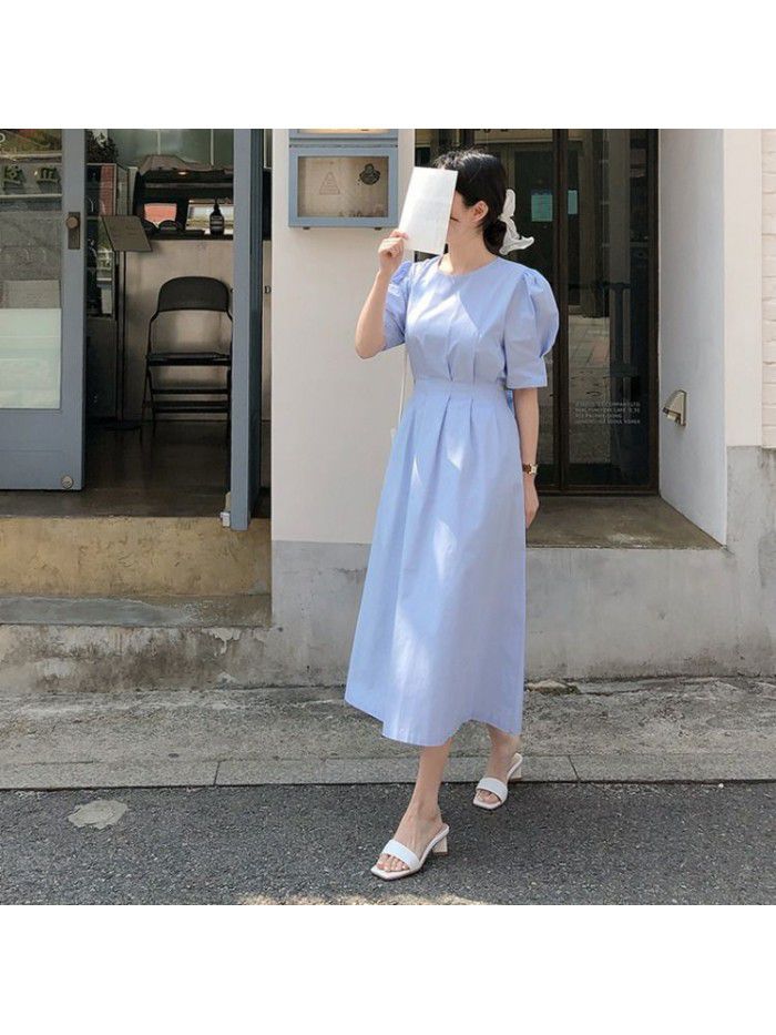 Dress  spring and summer new design feeling long French small fresh bubble sleeve temperament blue skirt  Dress  spring and summer new design feeling long French small fresh bubble sleeve temperament blue skirt