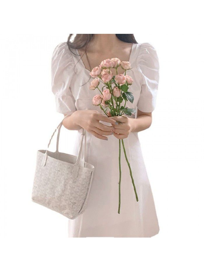 French dress summer  new Korean women's slim mid long dress with high waist line temperament V-neck A-line skirt 