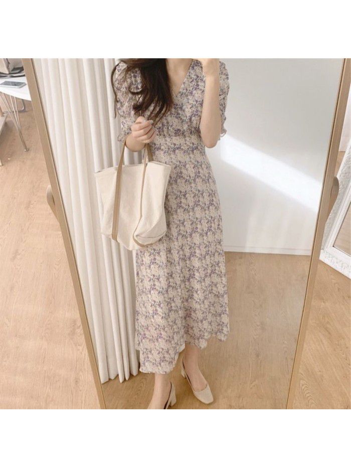 French retro dress summer  new temperament goddess fan Platycodon Flower Chiffon Skirt V-neck waist slim 