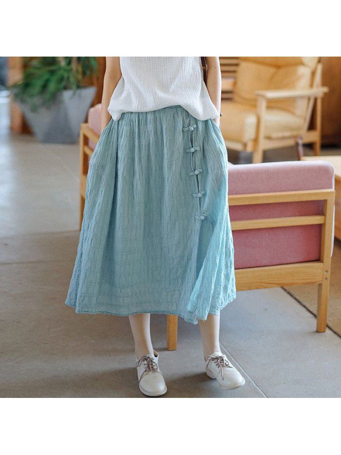 Retro women's skirt spring and summer  new Chinese style elastic waist plate deduction A-line skirt 