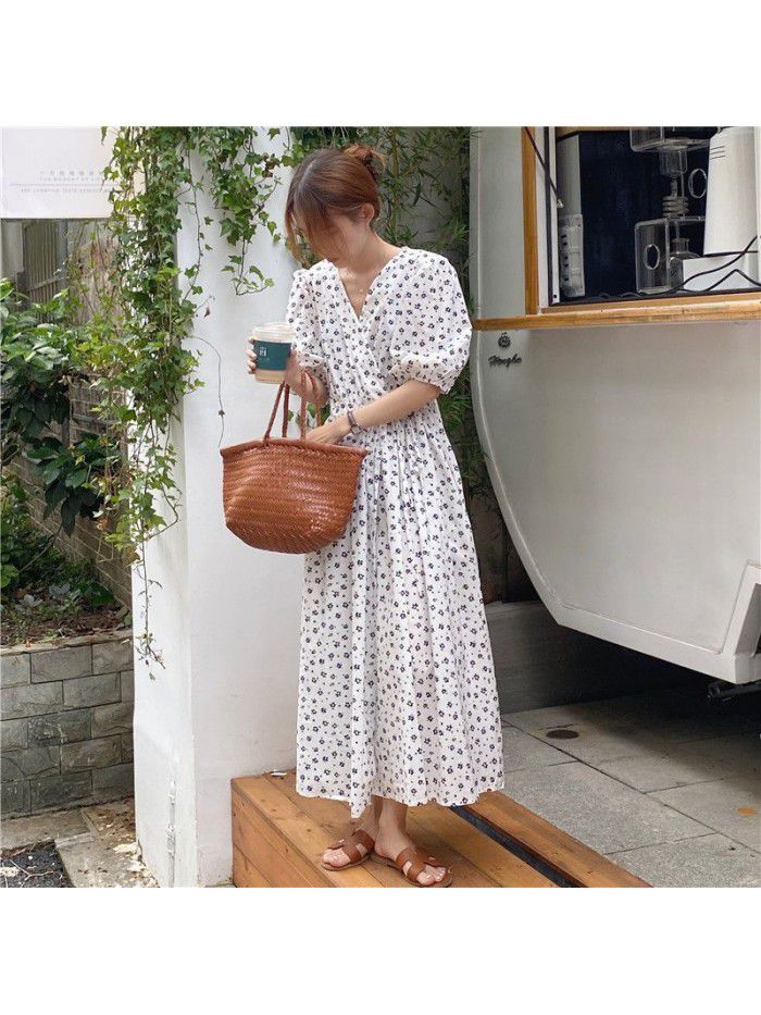 European station  summer new style foreign style long skirt children's over knee age reducing bubble sleeve design and waist closing dress  European station  summer new style foreign style long skirt children's over knee age reducing bubble sleeve design and waist closing dress