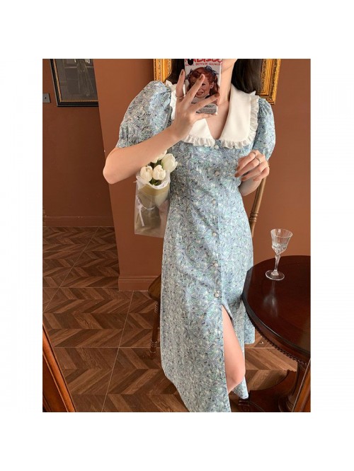 French baby collar bubble sleeve floral dress for ...