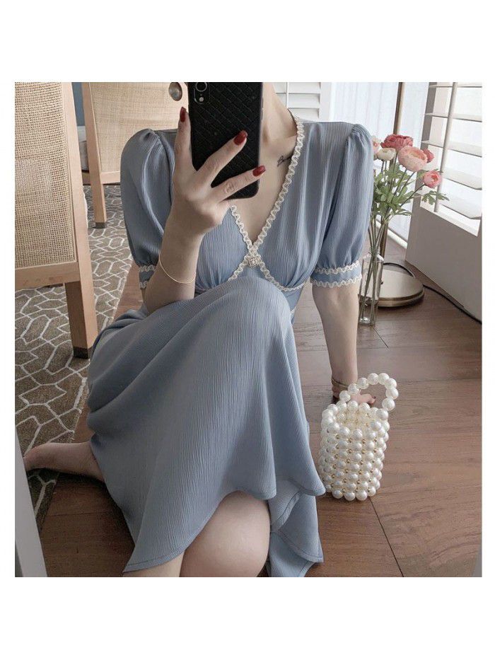 Design sense 21 small fragrance splicing ribbon tea break French dress women's summer short sleeve V-neck waist temperament long skirt  Design sense 21 small fragrance splicing ribbon tea break French dress women's summer short sleeve V-neck waist temperament long skirt