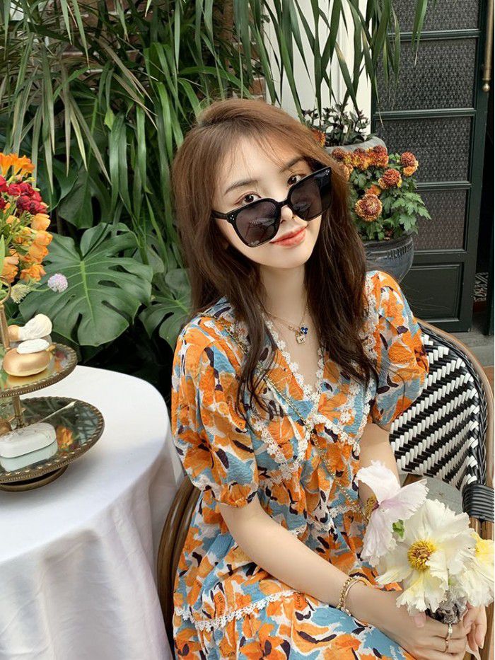 Fish rabbit floral dress summer blue soft sweet floral skirt small temperament waist skirt  Fish rabbit floral dress summer blue soft sweet floral skirt small temperament waist skirt