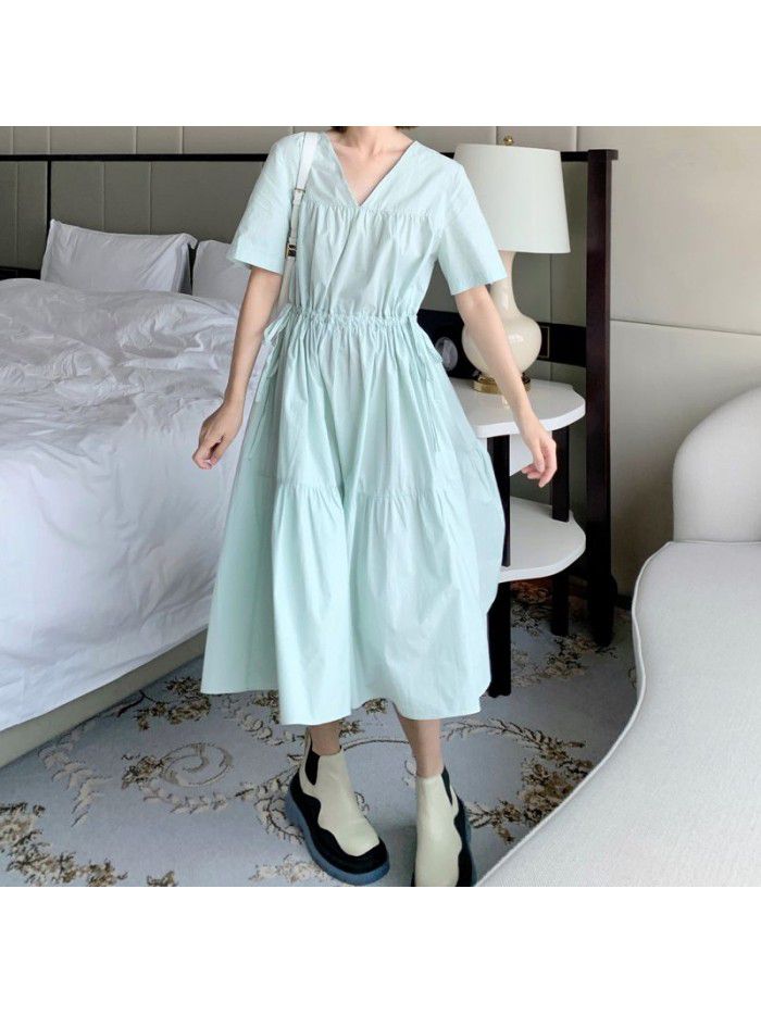 new refreshing mint V-neck drawstring waist cake dress with fresh temperament of female Platycodon grandiflorum skirt   new refreshing mint V-neck drawstring waist cake dress with fresh temperament of female Platycodon grandiflorum skirt