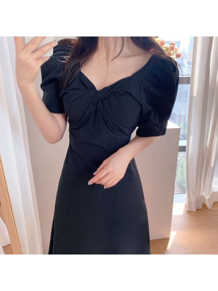 French dress summer  new Korean women's slim mid long dress with high waist line temperament V-neck A-line skirt 