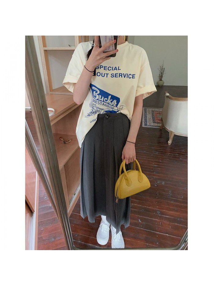 skirt spring and summer  new women's long grey pleated A-line skirt 