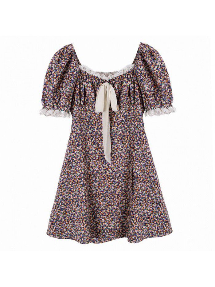 Real spot tea break French floral dress children's  summer new style square collar bubble sleeve skirt 