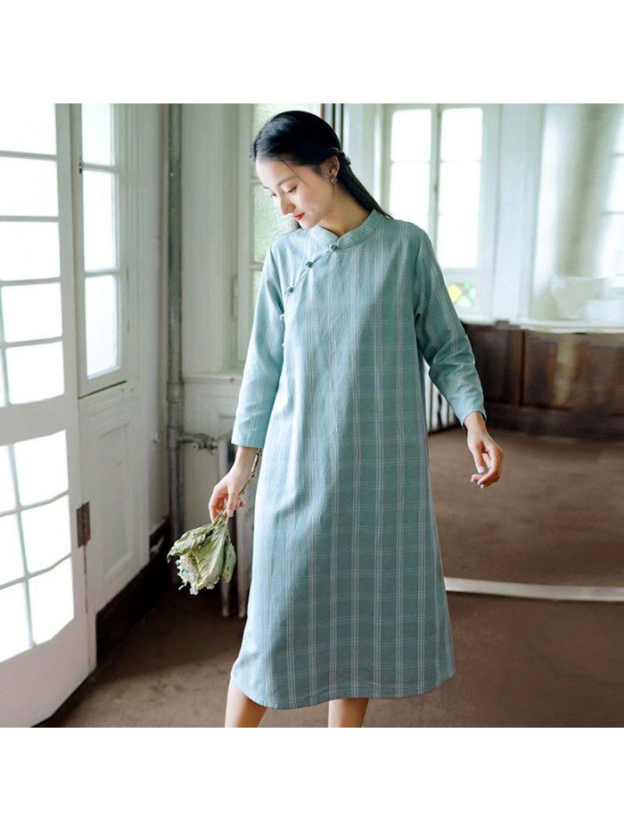 Lu and andI art RETRO women's Plaid Dress  autumn new Chinese style improved cheongsam wholesale 