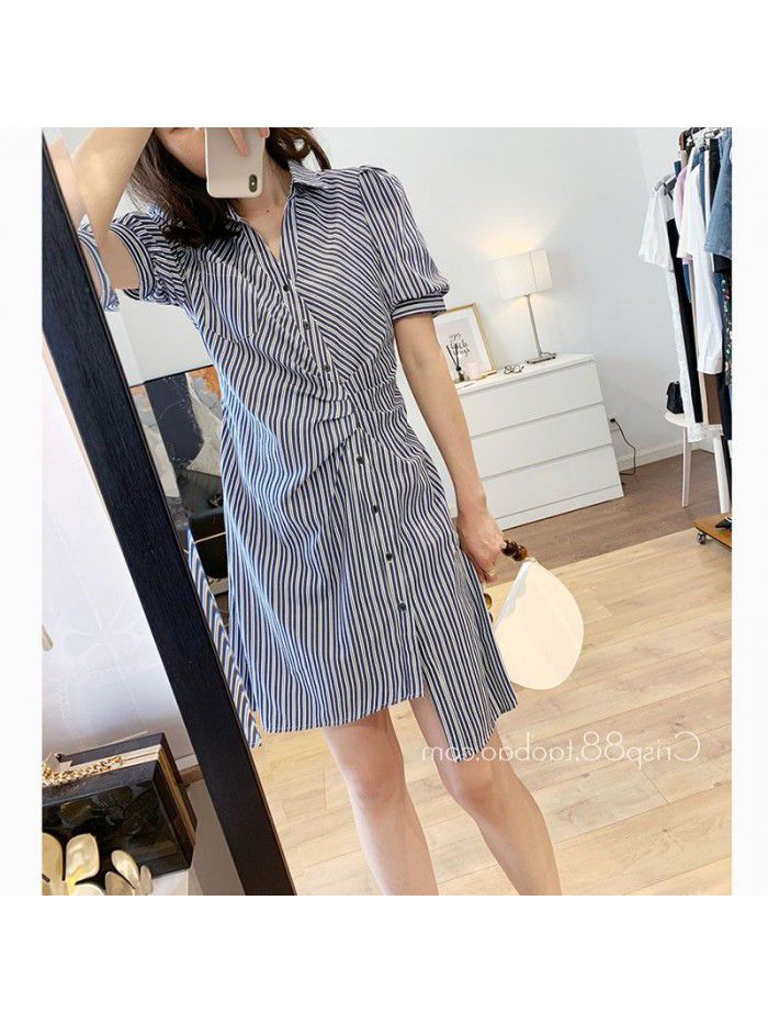 Design Antique side button pleated waist three dimensional bubble sleeve blue and white stripe shirt dress  Design Antique side button pleated waist three dimensional bubble sleeve blue and white stripe shirt dress