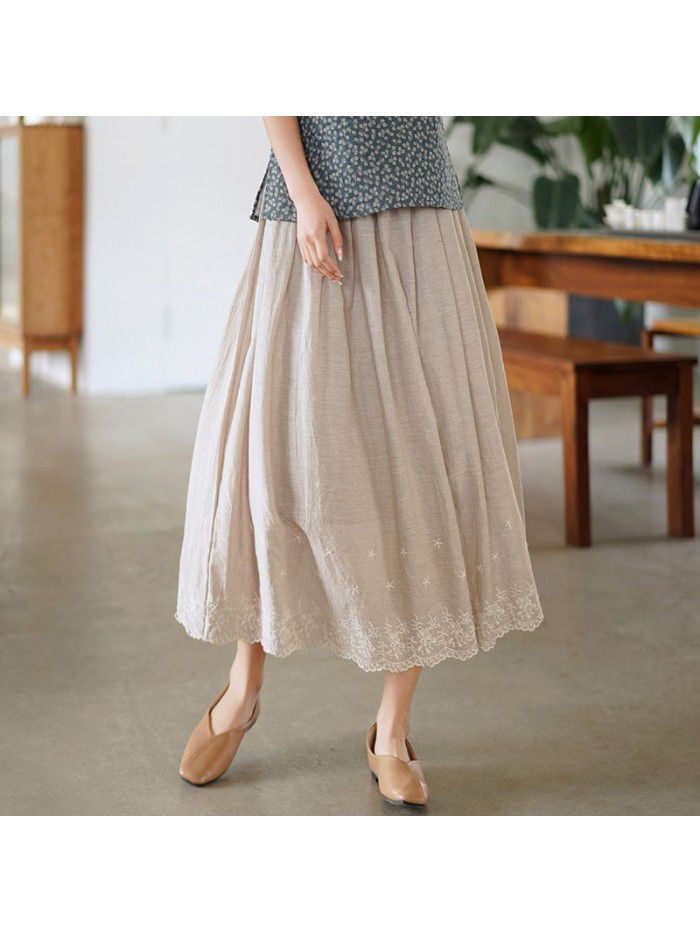 Literature and art women's  new high waist A-line floral skirt summer elastic waist embroidered skirt wholesale 