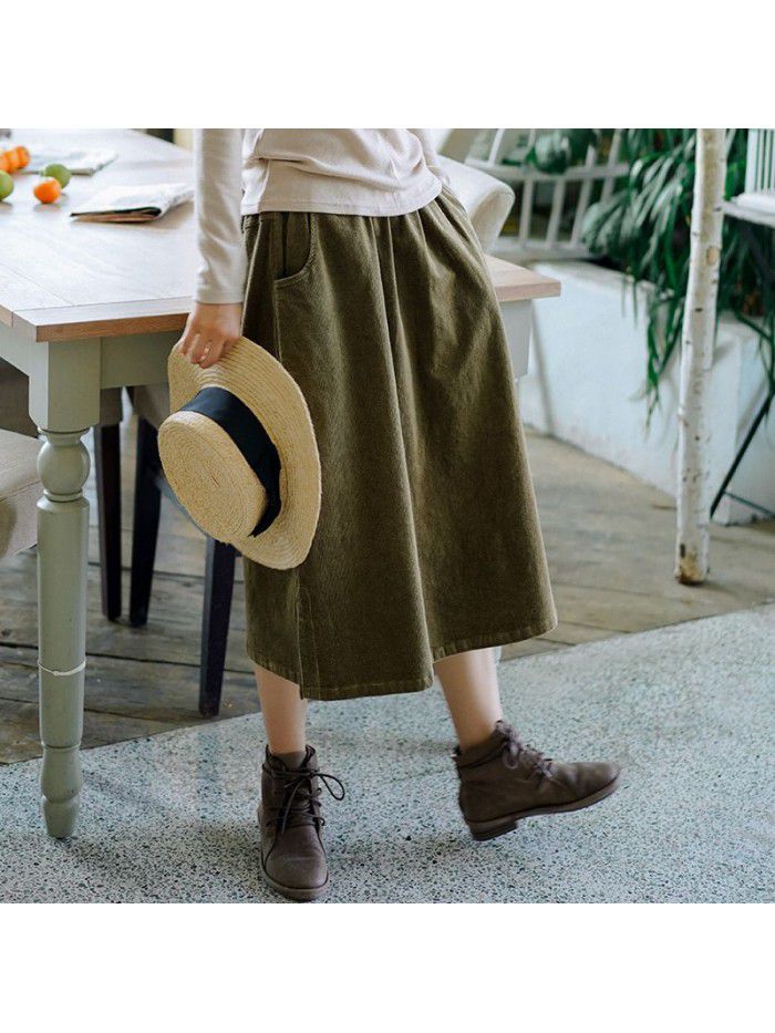 Literature and art women's Corduroy Skirt  new autumn and winter elastic high waist solid color A-line knee length skirt wholesale 