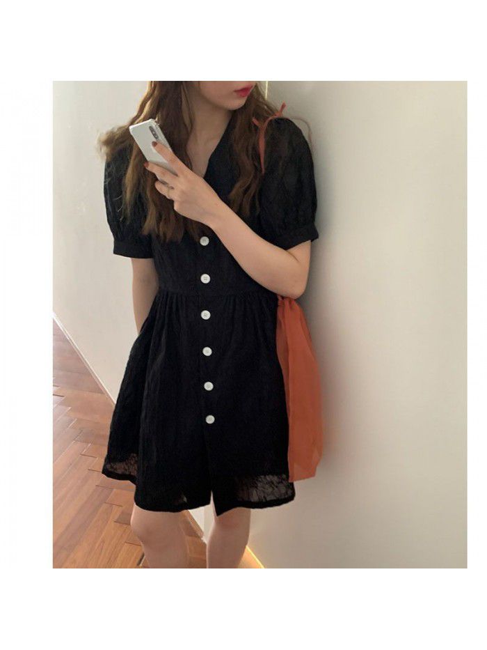 summer new product net red homemade blue V-neck Girl Doll skirt bubble sleeve A-line temperament dress looks thin   summer new product net red homemade blue V-neck Girl Doll skirt bubble sleeve A-line temperament dress looks thin
