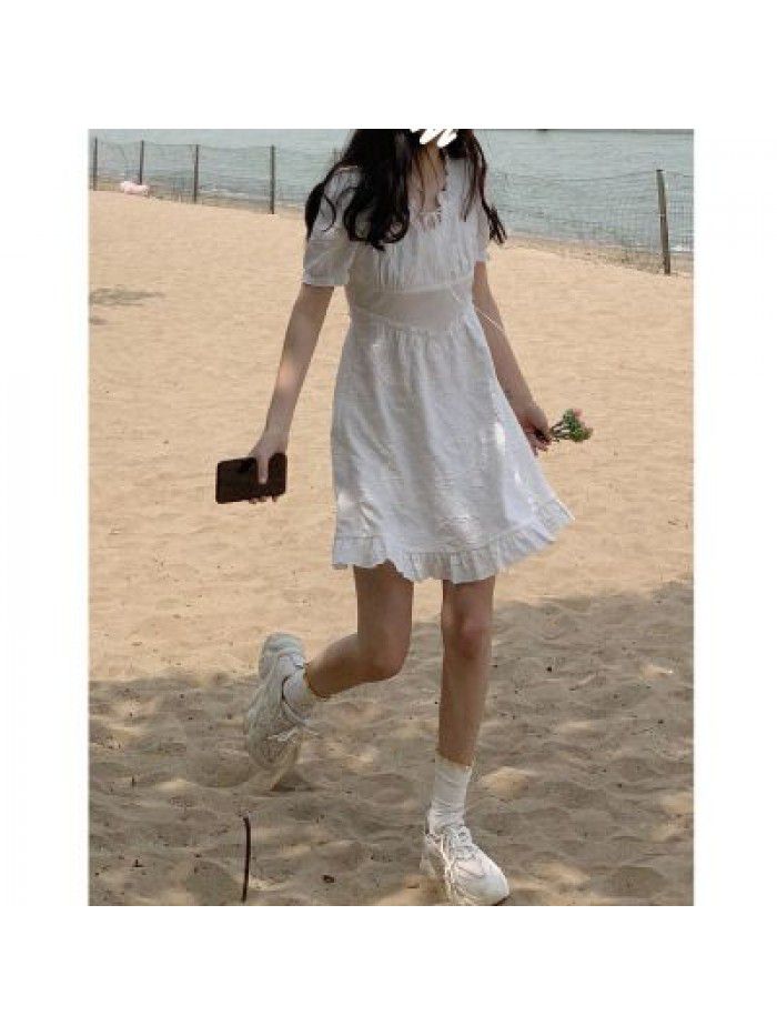 Caige white dress women's summer  new mid long temperament bubble sleeve skirt slim waist first love skirt  Caige white dress women's summer  new mid long temperament bubble sleeve skirt slim waist first love skirt