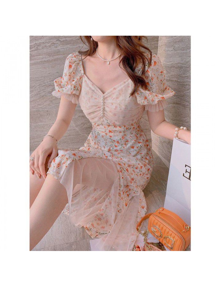 "Monet garden" sweet dress French long  new style floral skirt women's summer net "Monet garden" sweet dress French long  new style floral skirt women's summer net