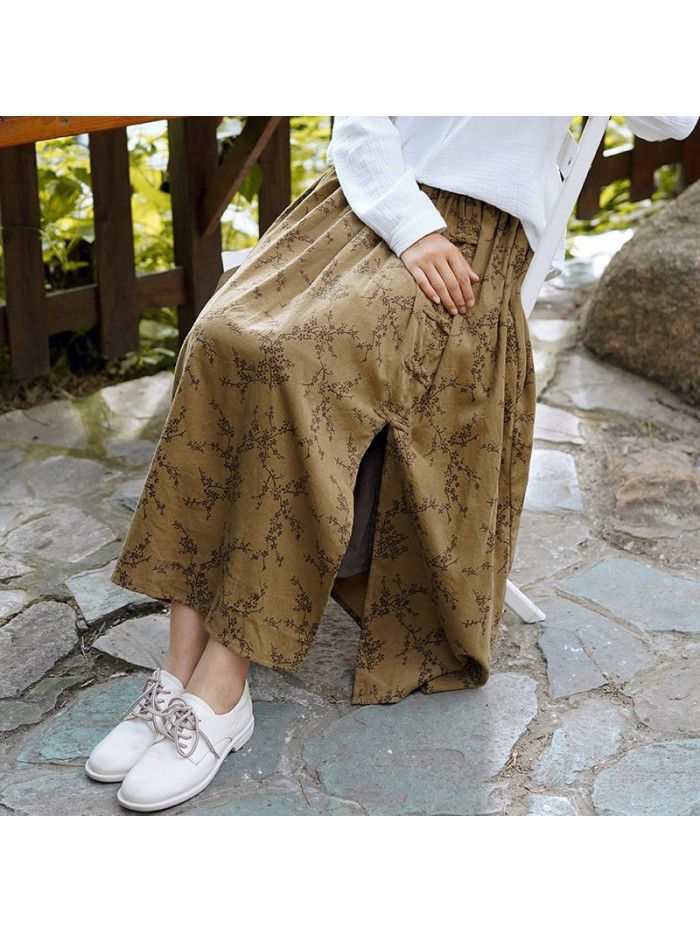 Literature and art women's high waist A-line floral skirt  autumn new half split retro style skirt wholesale 